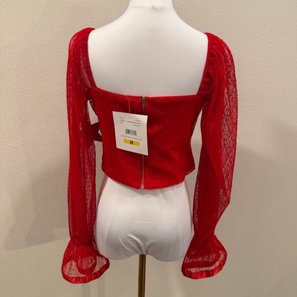 Love x Design Red Sweetheart Ruched Long Sheer Sleeves Top M Valentines Romantic - Picture 2 of 9